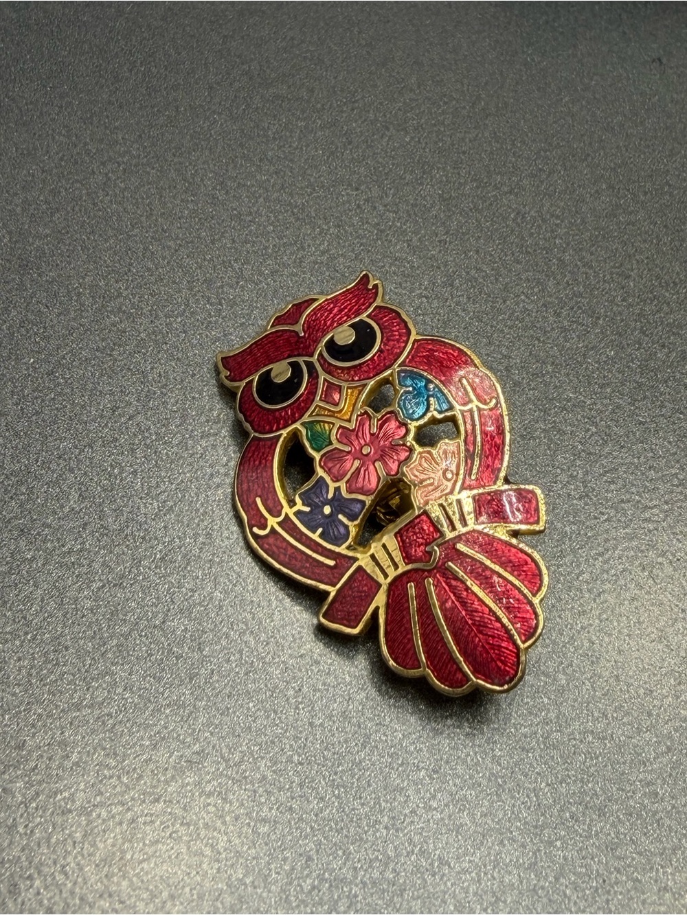 Vintage Cloisonne Red Owl Enamel Brooch